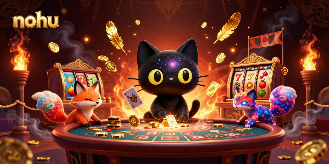 Nohu cat attracts players with golden chips at a cosmic casino, surrounded by vibrant gaming elements.
