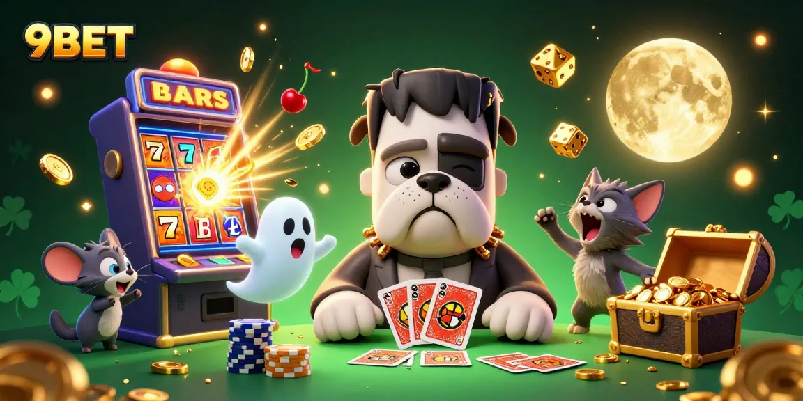 Engage with the vibrant 9BET experience featuring a Frankenstein bulldog and dynamic casino elements.