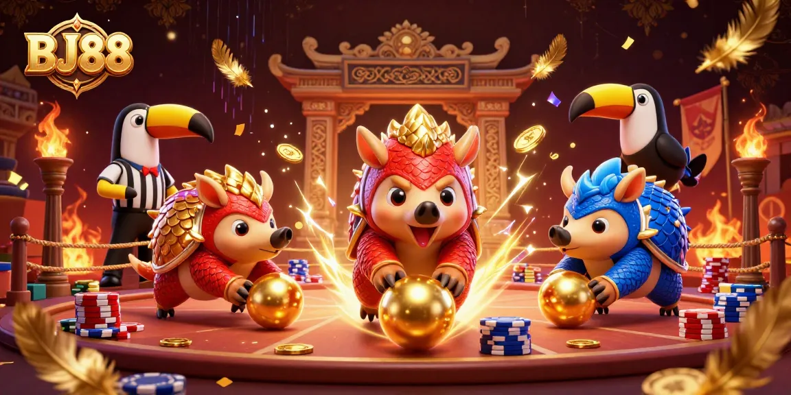 BJ88 showcases thrilling gameplay with pangolins in a vibrant casino scene filled with gold.