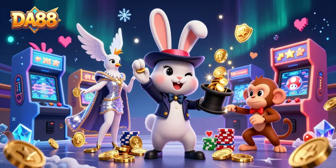 Engage with DA88's exciting cartoon scene featuring a magician pulling coins and a dove in a sequined cape.