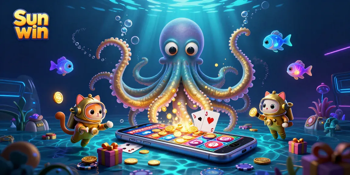 Win big with Sun win in this vibrant 3D illustration of a kraken and slot game elements.