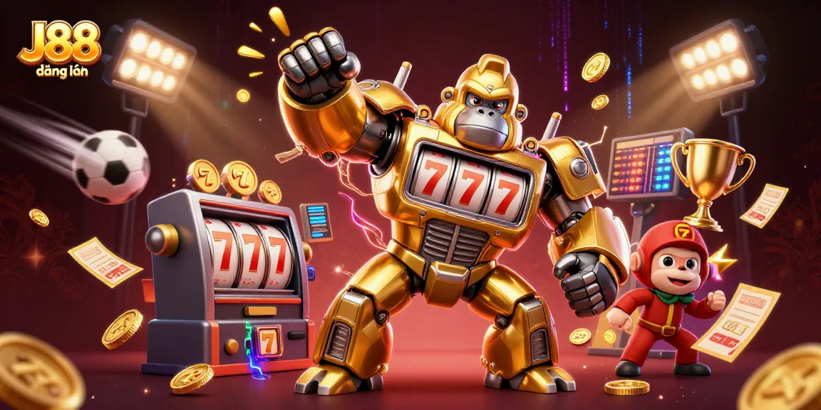 Engage with J88 đăng nhập through captivating gaming visuals showcasing a golden gorilla mech surrounded by exciting casino elements.