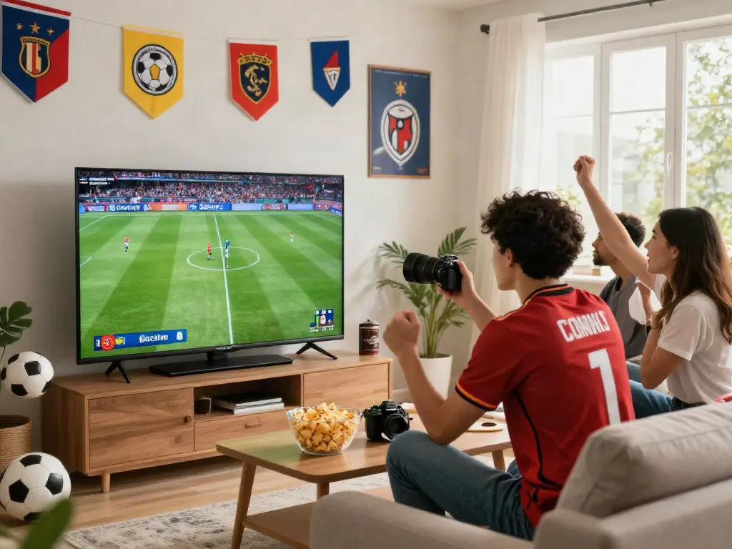 SOCOLIVE fans enjoying a live soccer match in a cozy living room.