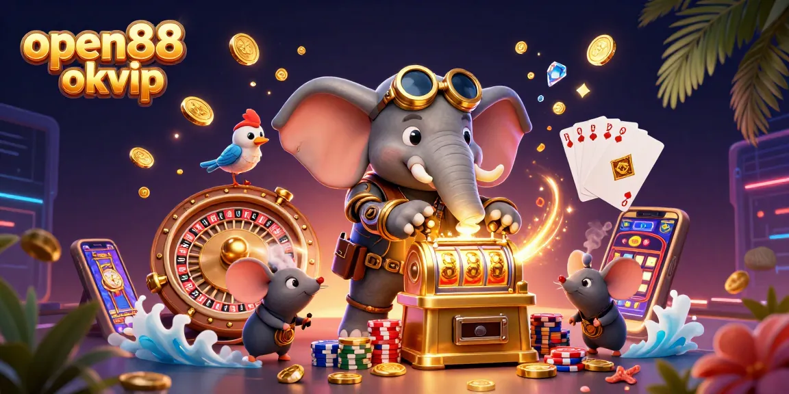 Immerse in open88 okvip with a steampunk elephant engaging in exciting casino games amidst a wealth of coins.