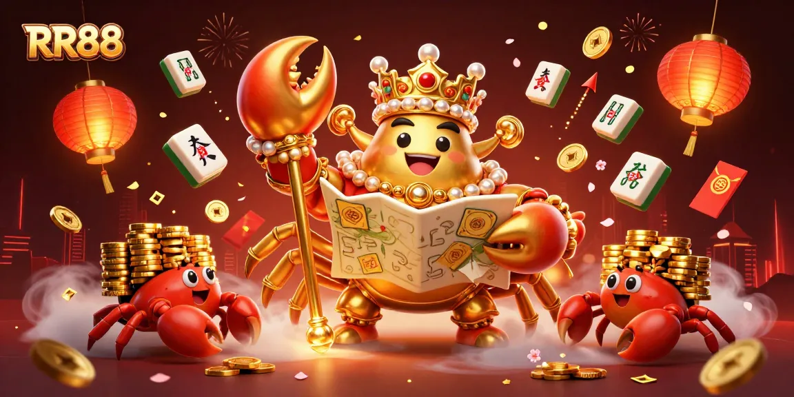 Engage with RR88's vibrant casino scene featuring a golden crab emperor, symbolizing victory and fortune.