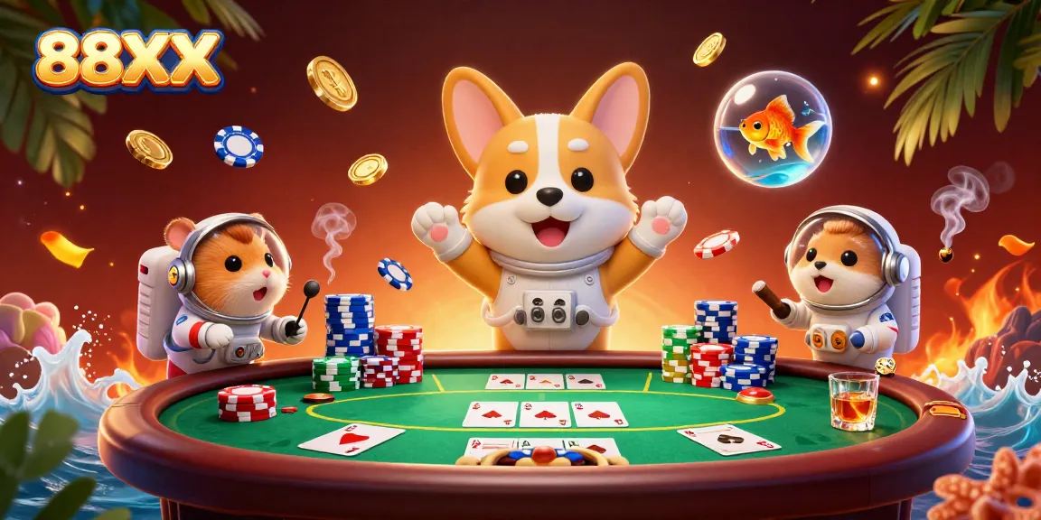 Engage with the vibrant action of 88XX in a whimsical space environment filled with floating poker elements.