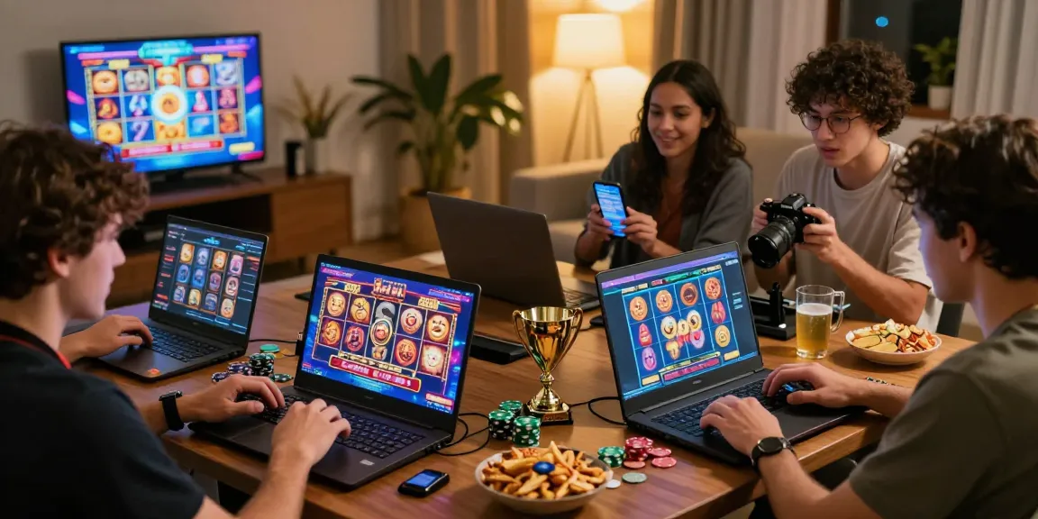 Scena coinvolgente di giocatori che si divertono con i migliori giochi dei casino online in un ambiente accogliente con visivi colorati delle slot machine.