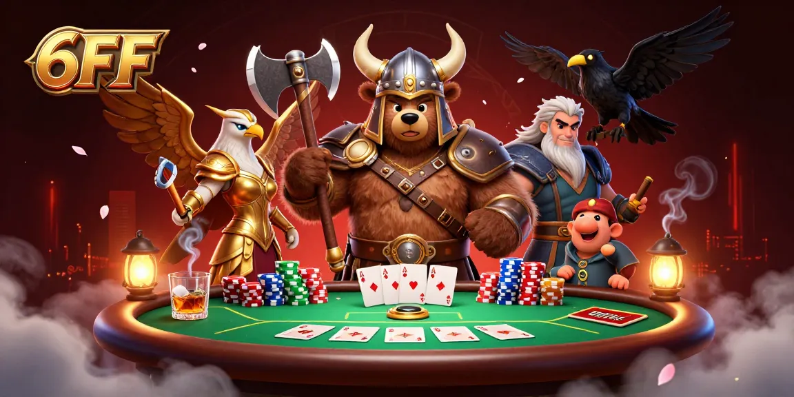 Experience excitement at 6FF as a Viking bear and golden Valkyrie engage in thrilling card games.