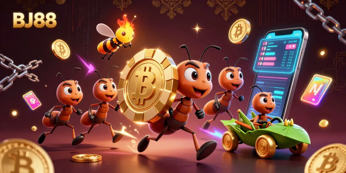 BJ88 offers intense action with cartoon ants heisting a giant poker chip amidst glowing crypto coins