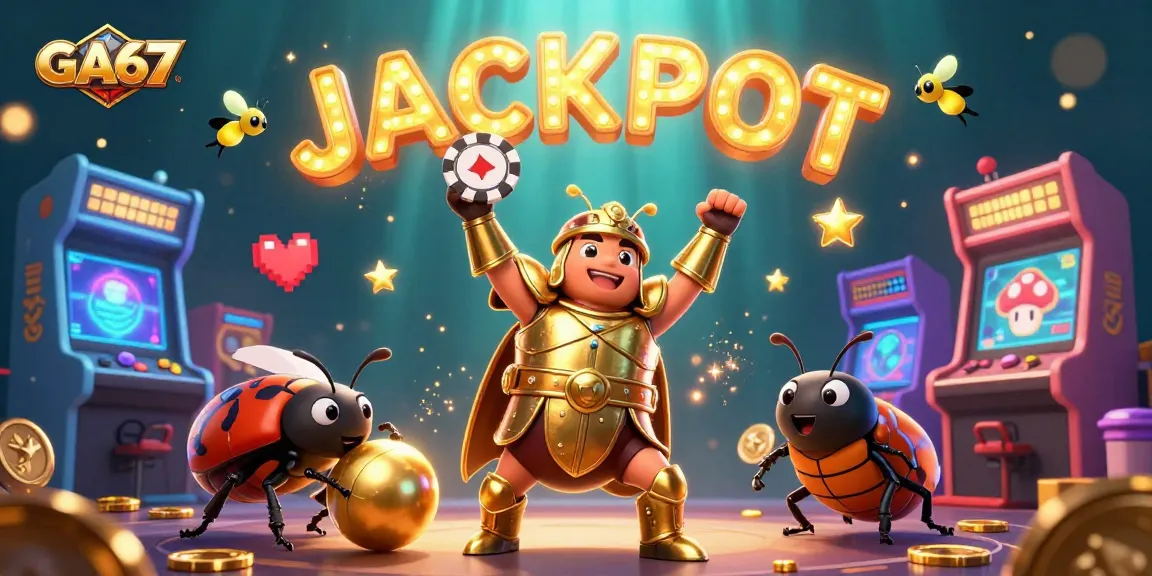 GA67 showcases a triumphant beetle lifting a poker chip in a vibrant casino scene filled with game elements.