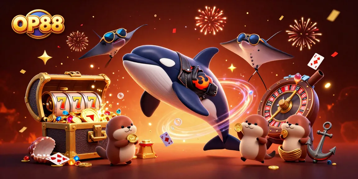 Experience OP88's thrilling gaming environment with a vibrant underwater scene featuring an orca and otters holding coins.
