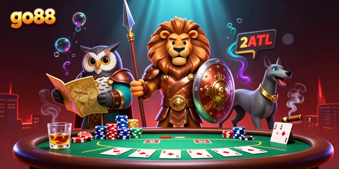 Experience thrilling poker action with go88 featuring a Spartan lion and vibrant casino elements.