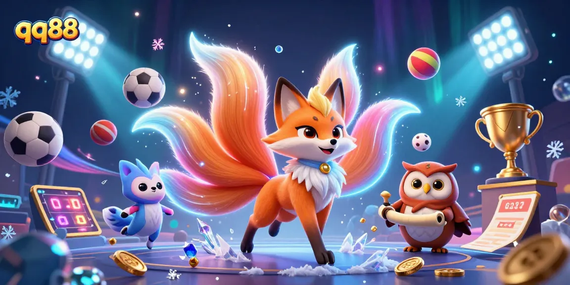 Experience thrilling games at qq88 with a dynamic illustration of a fox spirit and sports betting elements.