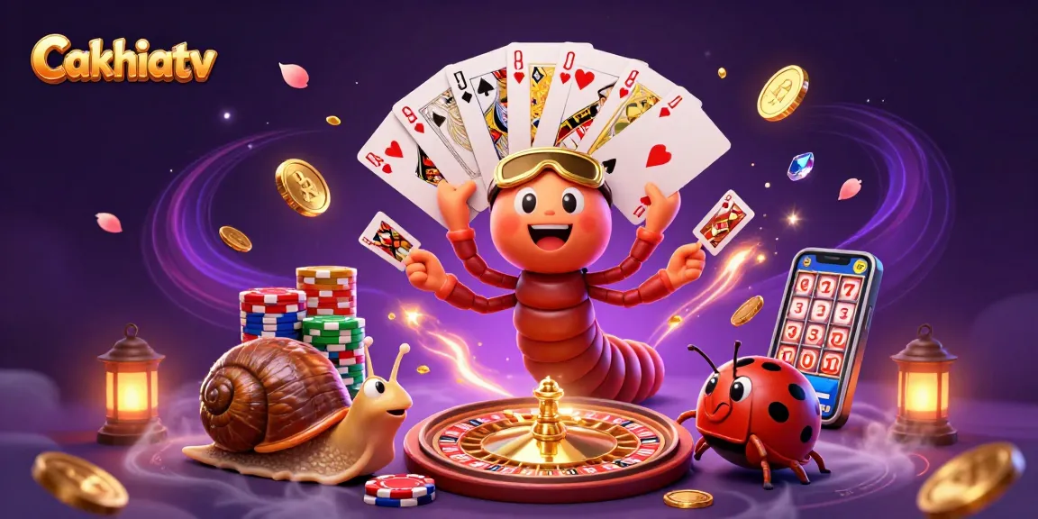Cakhiatv offers an exciting casino atmosphere with a vibrant 3D illustration featuring a millipede dealer and a high-roller snail.