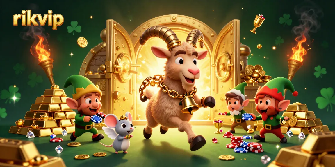 Win big at rikvip with vibrant characters in a festive casino scene filled with treasures.