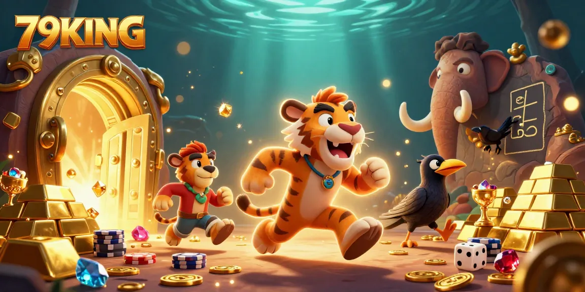 Experience the excitement of 79KING with a vibrant casino scene featuring animated characters and treasures.