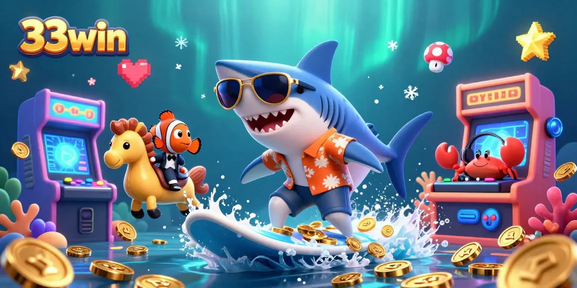 Join the excitement at 33win with a hammer-head shark surfing on a wave of coins, celebrating gaming wins!