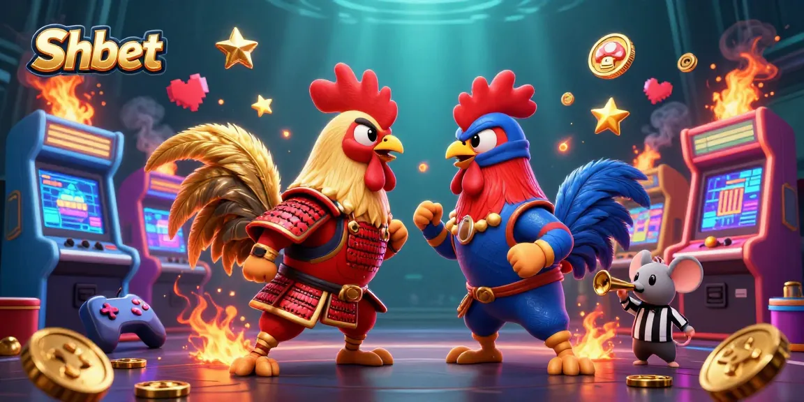Shbet showcases epic rooster combat between a red samurai and a blue ninja amidst vibrant arcade elements.
