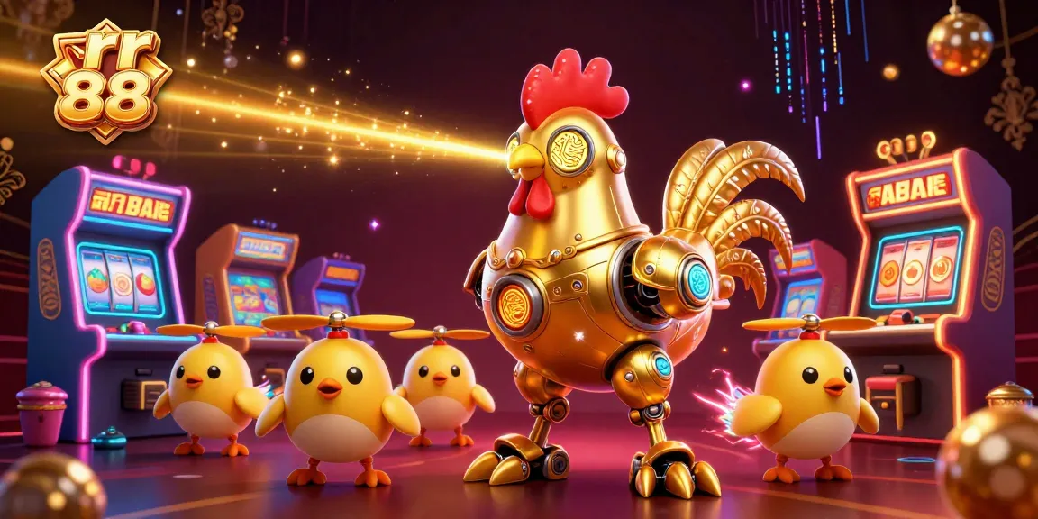 The golden rooster robot engages in thrilling gameplay at rr 88 with colorful arcade machines surrounding it.