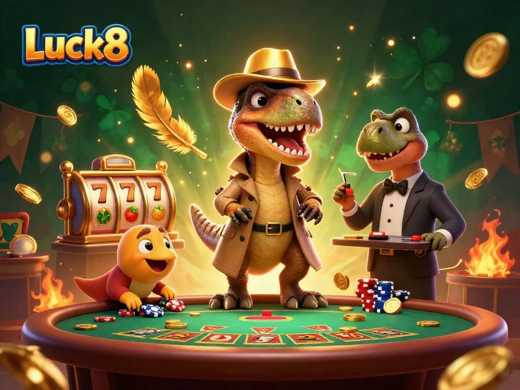 Luck8 offers a vibrant blackjack scene with a velociraptor card counter, creating thrilling gaming excitement.
