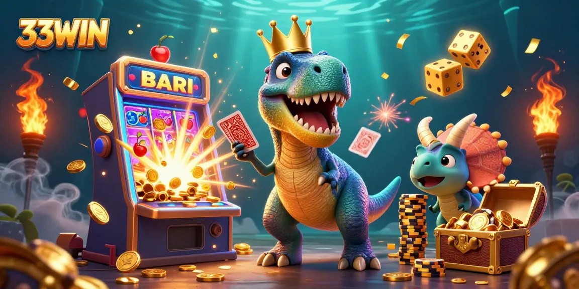 33WIN players enjoy an exciting jackpot experience with a T-Rex and characters in a vibrant casino scene