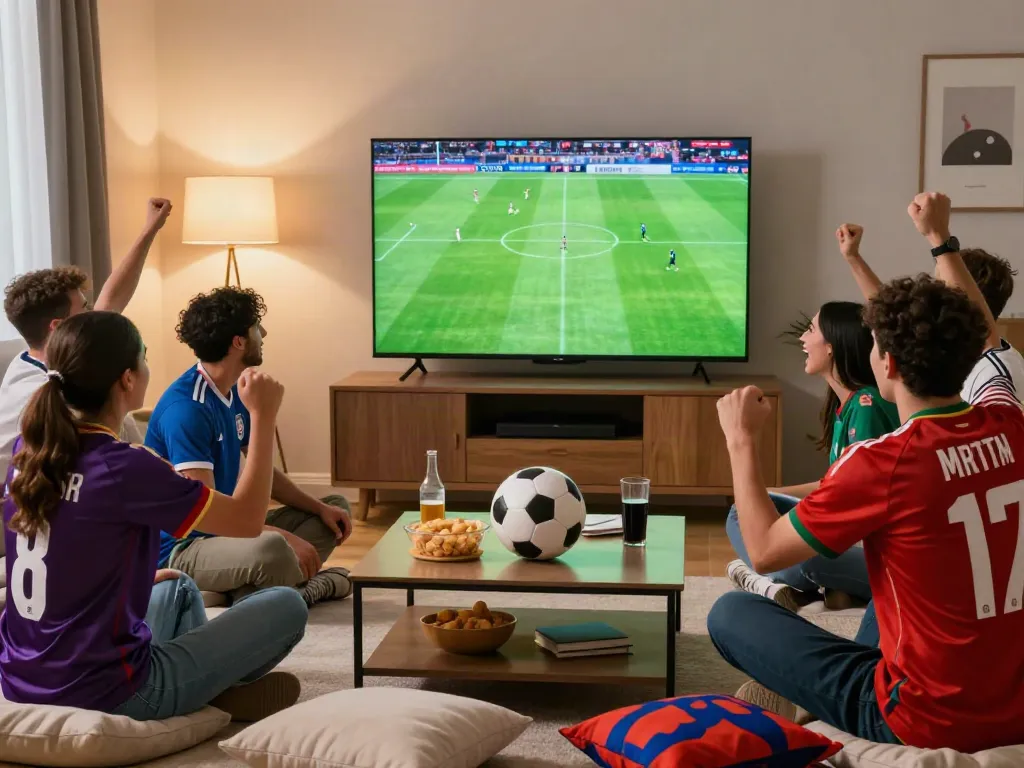 Friends watching cakhiatv live soccer match in a cozy living room.