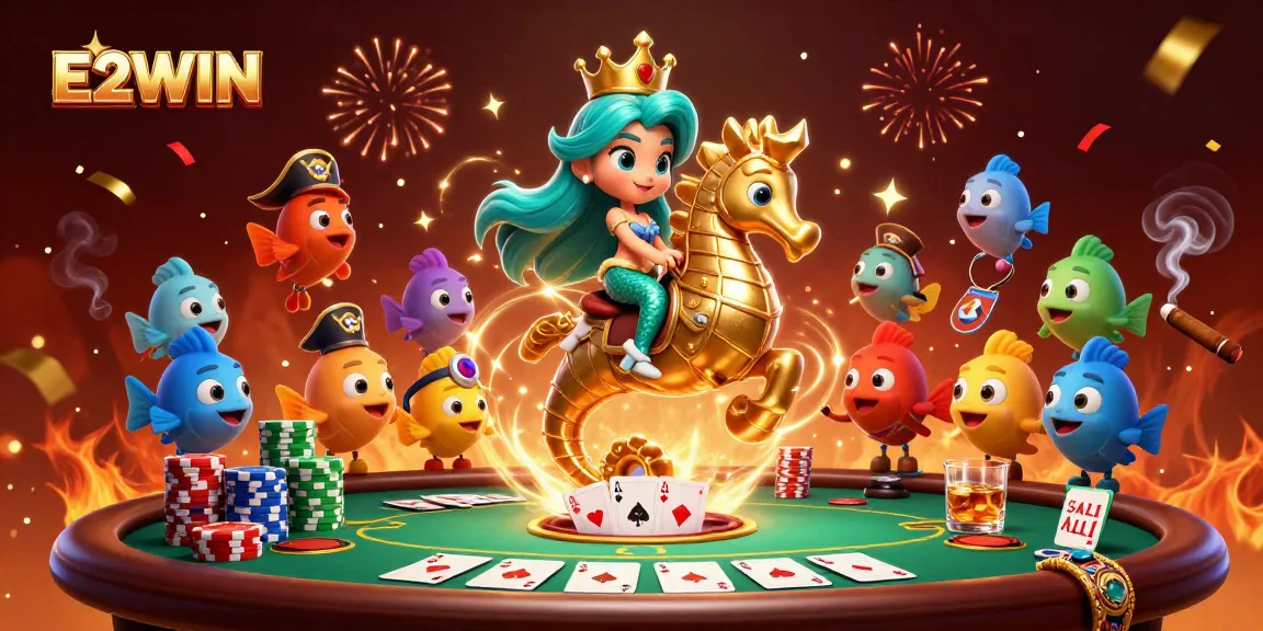 E2WIN brings thrilling poker action to life with a colorful mermaid princess and vibrant casino elements.