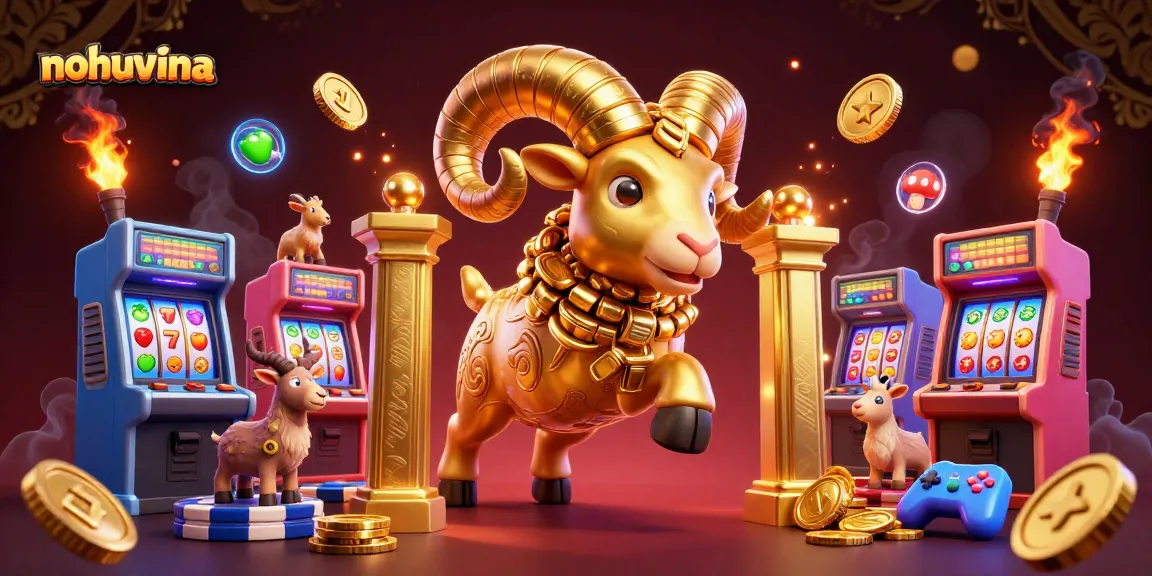 Nohuvina showcases a golden ram charging towards the gate among vibrant casino slot elements.