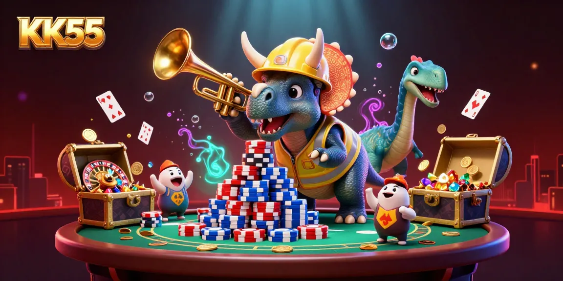 Celebrate wins at KK55 with colorful poker chips and dynamic casino elements in this vibrant illustration.