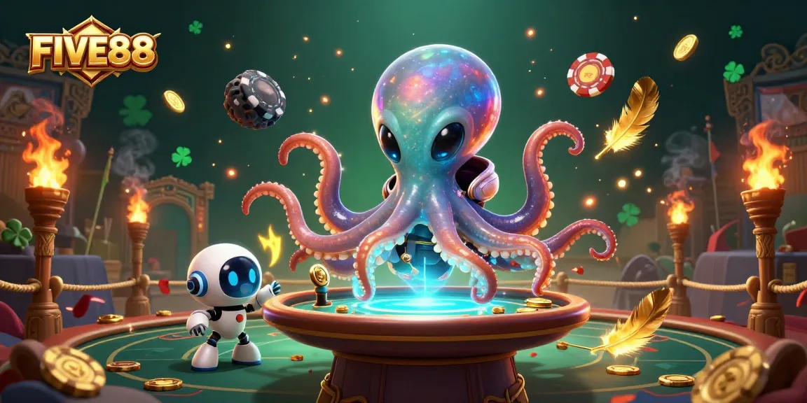 Experience excitement with FIVE88 as the alien octopus masters poker in a dynamic casino scene.