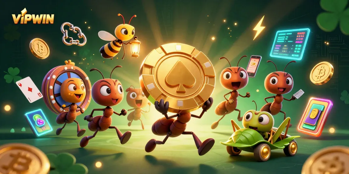 Win big at VIPWIN with 3D cartoon ants heisting a massive poker chip amid crypto coins.