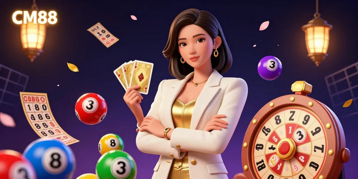Engage with CM88's online gambling excitement through a dynamic casino scene featuring lottery elements.