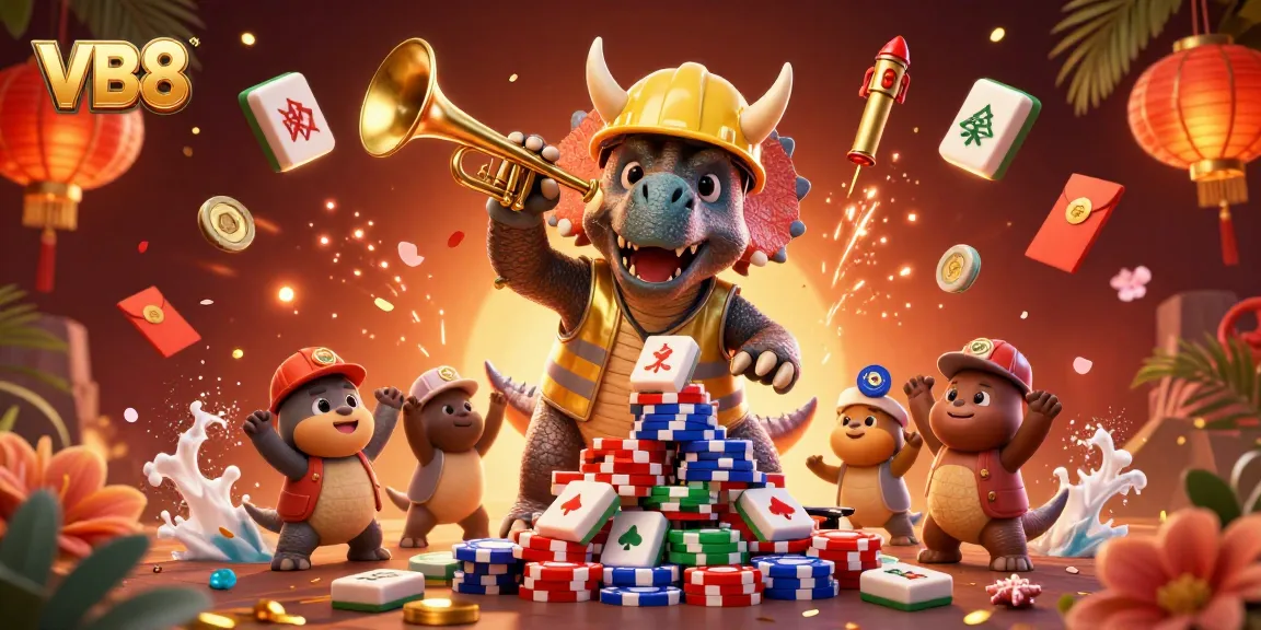 Celebrate with VB8 in a vibrant gambling scene featuring animated characters and rich casino elements.