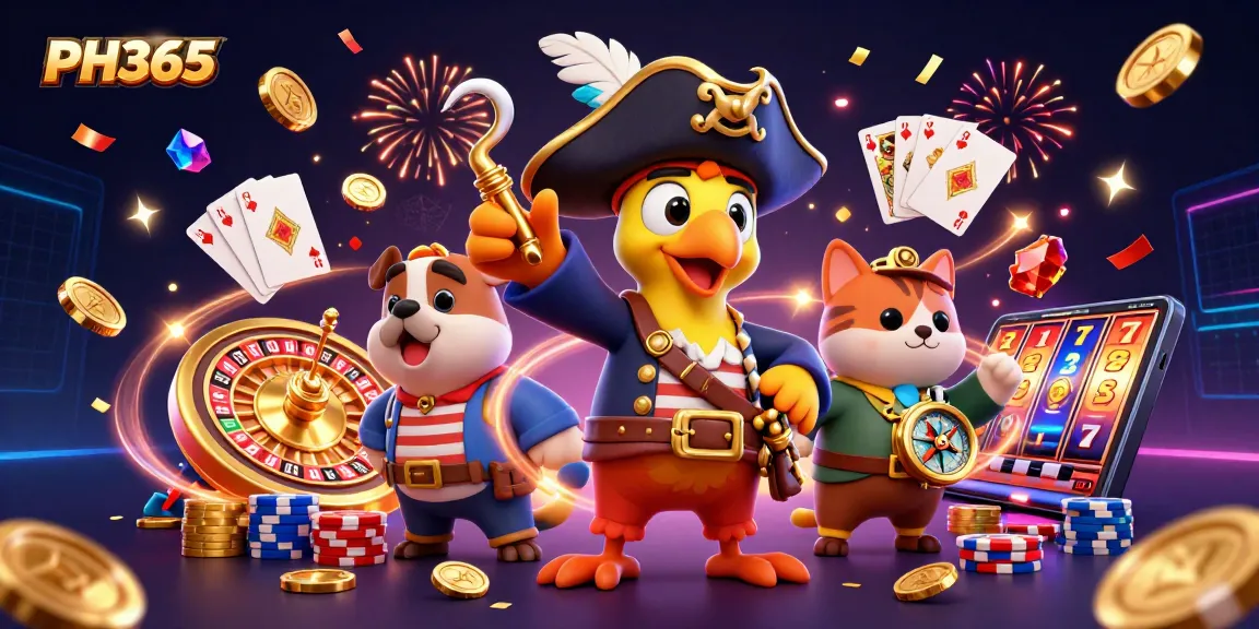 Experience gaming thrills with PH365 featuring a pirate captain giving orders amidst a cascade of casino symbols.