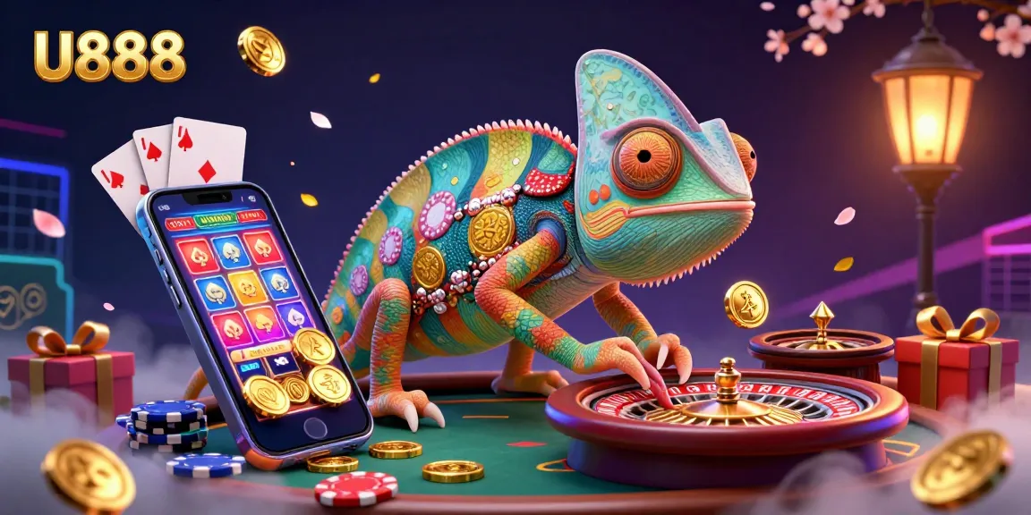 Engage with U888's colorful casino atmosphere featuring a vibrant chameleon owner and dynamic gaming elements.