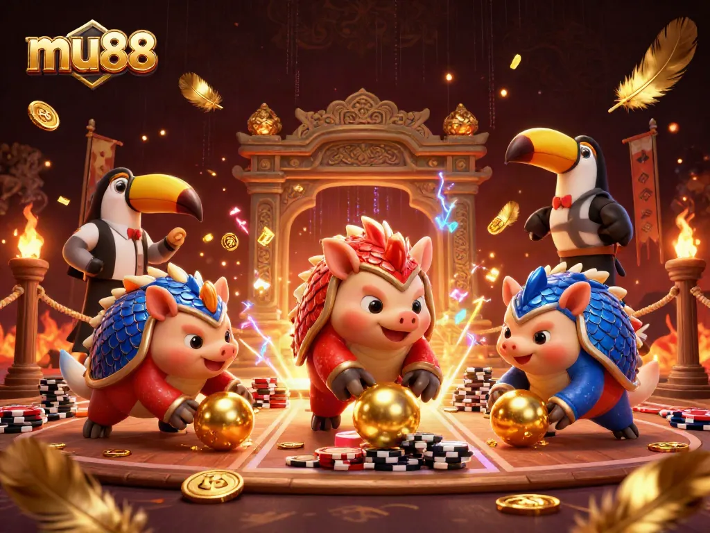 Compete in mu88's thrilling casino scene featuring rival pangolins and vibrant elements.