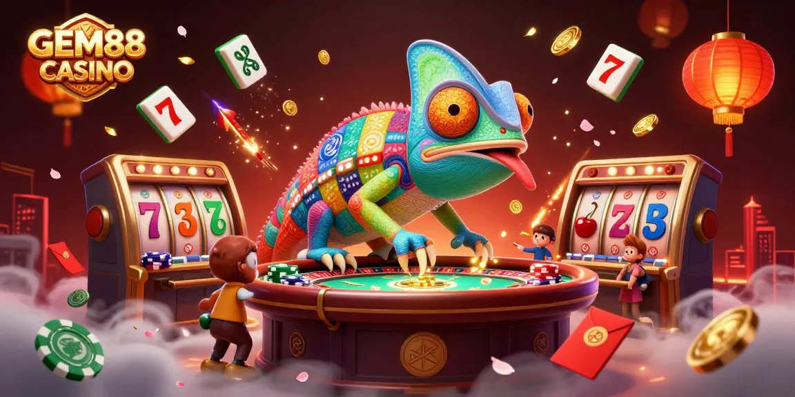 Play at GEM88 CASINO with vibrant slots and a colorful chameleon mascot amid festive elements.