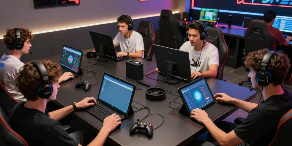 Engaging rokok88 gaming scene with diverse men playing on laptops and tablets.