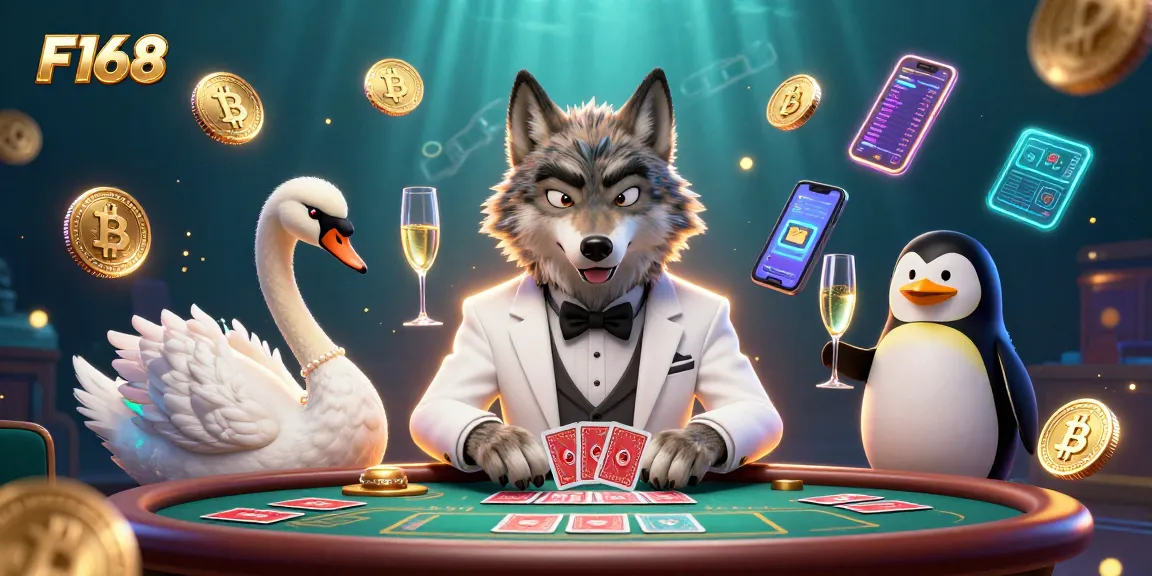 Join the excitement at F168, showcasing a thrilling baccarat scene with elegance and cryptocurrency elements.